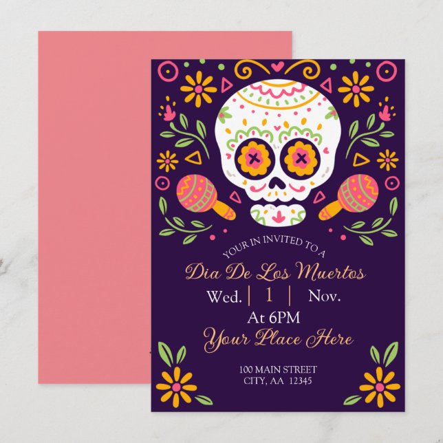 Tarjeta Festiva Dia De Los Muertos (Anverso / Reverso)
