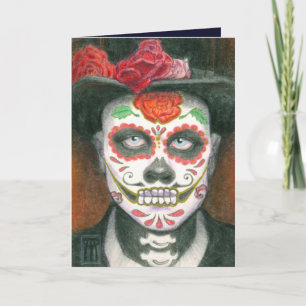 Tarjeta Festiva Día de los Muertos Calavera de Azúcar con Sombrero