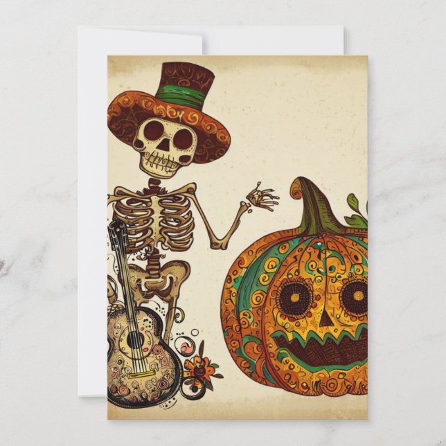Tarjeta Festiva Día de los Muertos Esqueleto Antiguo/Calabaza (Anverso)