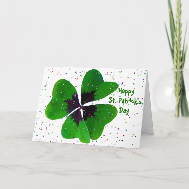 Tarjeta Festiva Día de los Patrones de Shamrock Confetti (Anverso)