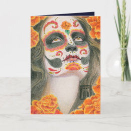 Tarjeta Festiva Día de Muertos Calavera de Azúcar con Marigolds