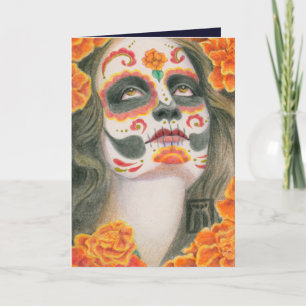 Tarjeta Festiva Día de Muertos Calavera de Azúcar con Marigolds