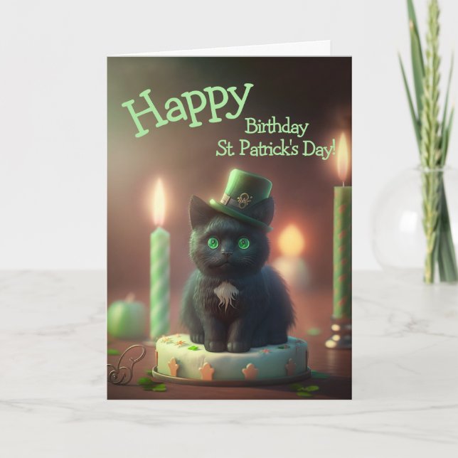 Tarjeta Festiva Día de San Patricio, cumpleaños de gato negro y pa (Anverso)