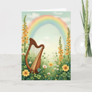 Tarjeta Festiva Día de San Patricio de arpa y flores