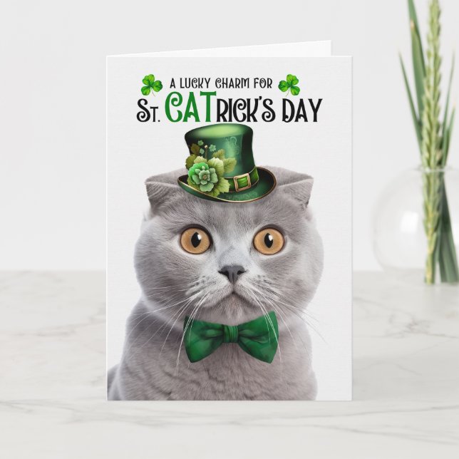 Tarjeta Festiva Día de San Patricio de Gray Scottish Fold Amuleto  (Anverso)
