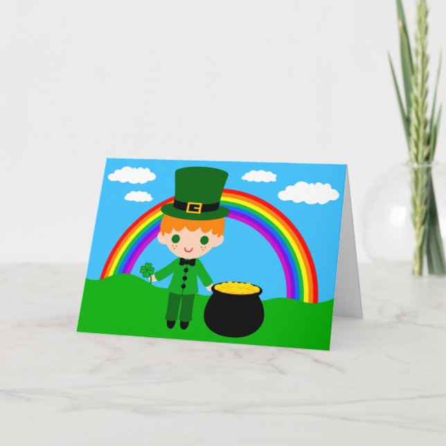 Tarjeta Festiva Día de San Patricio Dibujo animado con arcoiris  (Anverso)