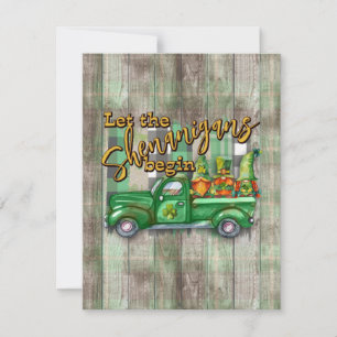 Tarjeta Festiva Día de San Patricio Gnomos en Camioneta Travesuras