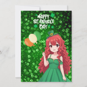 Tarjeta Festiva Día de San Patricio linda, chica anime irlandesa