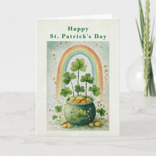 Tarjeta Festiva Día de San Patricio Olla de Oro y Arcoíris Vintage