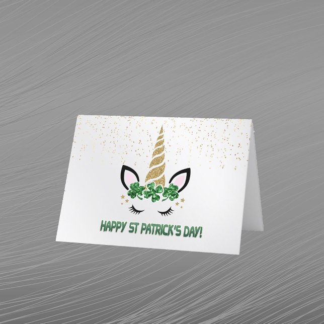 Tarjeta Festiva Día de San Patricio Unicornio Dorado Trébol Verde (Subido por el creador)