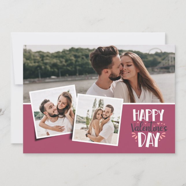 Tarjeta Festiva Día de San Valentín 3 fotos collage rosa (Anverso)