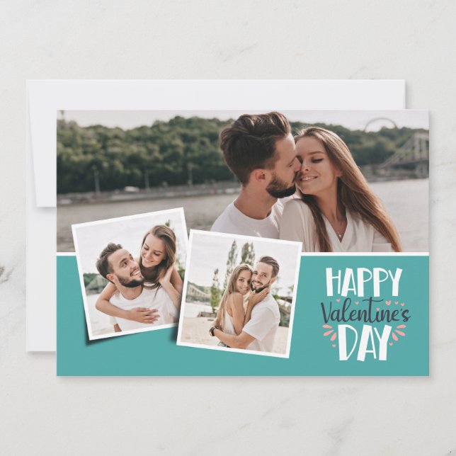 Tarjeta Festiva Día de San Valentín 3 fotos collage verde mar (Anverso)