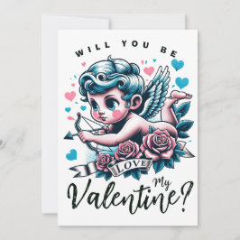 Tarjeta Festiva Día de San Valentín adorable cupido rosa teal