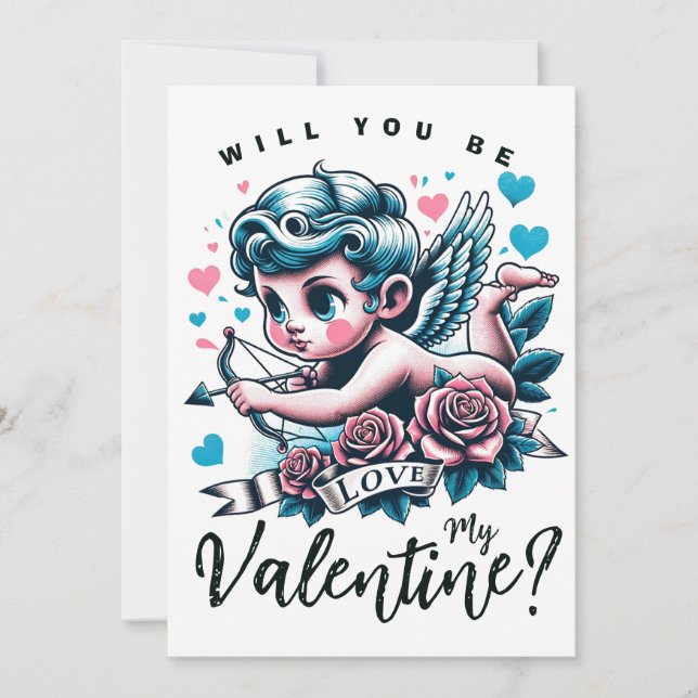 Tarjeta Festiva Día de San Valentín adorable cupido rosa teal (Anverso)