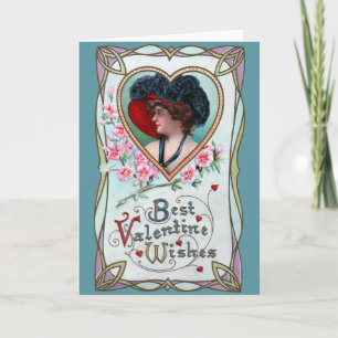 Tarjeta Festiva Día de San Valentín antiguo, mujer elegante en un