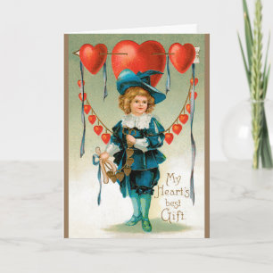 Tarjeta Festiva Día de San Valentín antiguo, niño victoriano con c