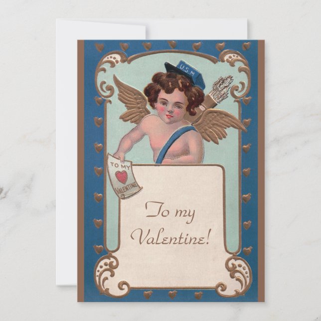 Tarjeta Festiva Día de San Valentín antiguo, Querubín con cartas d (Anverso)