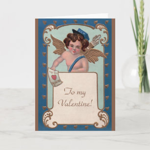 Tarjeta Festiva Día de San Valentín antiguo, Querubín con cartas d
