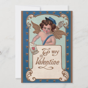 Tarjeta Festiva Día de San Valentín antiguo, Querubín con cartas d