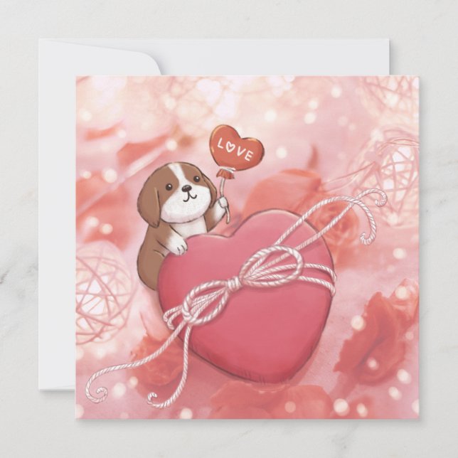 Tarjeta Festiva Día de San Valentín: Beagle, Corazón y Luces (Anverso)