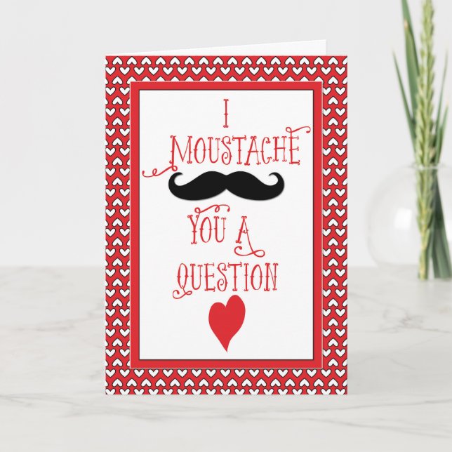 Tarjeta Festiva Día de San Valentín bigote, corazones rojos (Anverso)