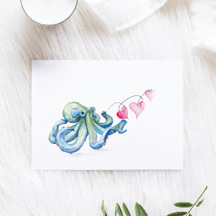 Tarjeta Festiva Día de San Valentín Blue Octopus Watercolor Beach