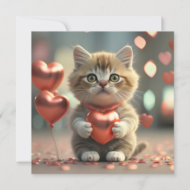 Tarjeta Festiva Día de San Valentín con un lindo gatito (Anverso)
