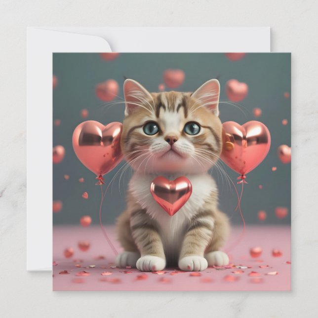 Tarjeta Festiva Día de San Valentín con un lindo gatito (Anverso)
