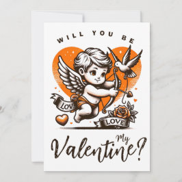 Tarjeta Festiva Día de San Valentín corazón naranja lindo cupido
