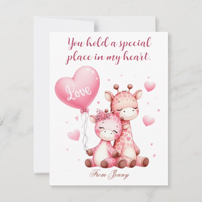 Tarjeta Festiva Día de San Valentín Cute Giraffes sosteniendo un g (Anverso)