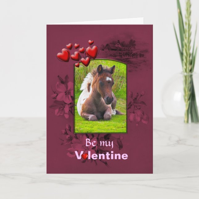 Tarjeta Festiva Día de San Valentín, Dartmoor Pony Foal arrodillad (Anverso)