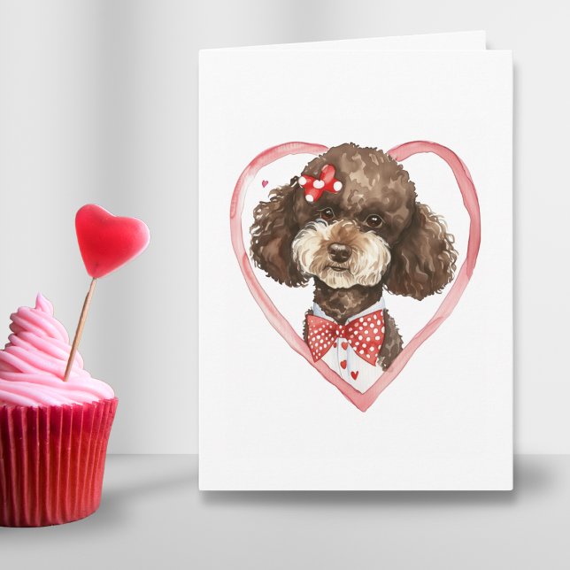 Tarjeta Festiva Día de San Valentín de caniche lindo perro mamá am (Poodle heart Valentines day watercolor folded card for cute dog mom parent or couple in love gift )