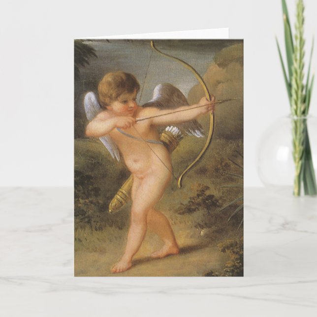 Tarjeta Festiva Día de San Valentín de cosecha, cupido con arco y  (Anverso)