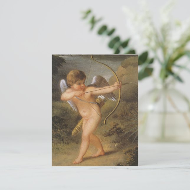Tarjeta Festiva Día de San Valentín de cosecha, cupido con arco y  (Anverso de pie)
