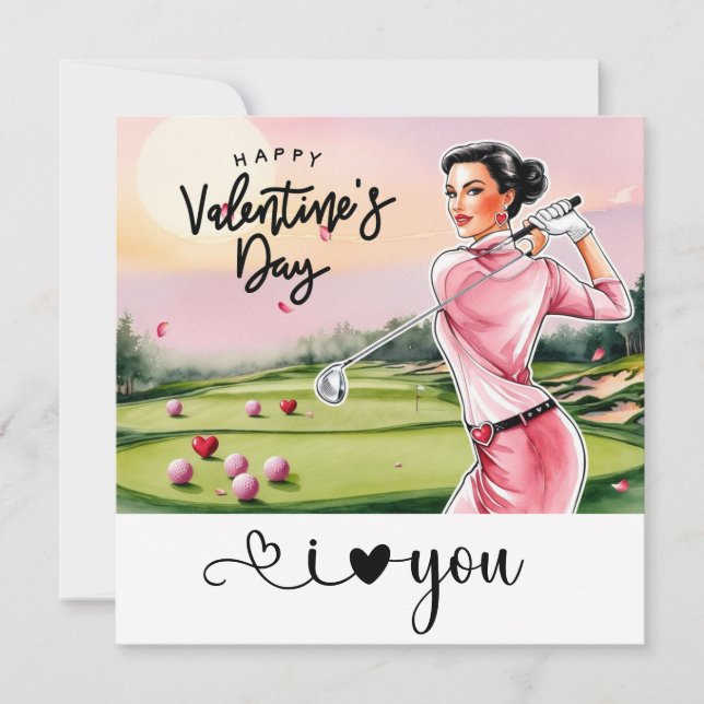 Tarjeta Festiva Día de San Valentín de Golf Mujer Golfista  (Anverso)