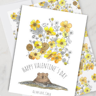 Tarjeta Festiva Día de San Valentín de la marmota y los ranúnculos