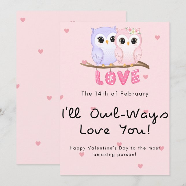 Tarjeta Festiva Día de San Valentín de pareja de búhos (Anverso / Reverso)
