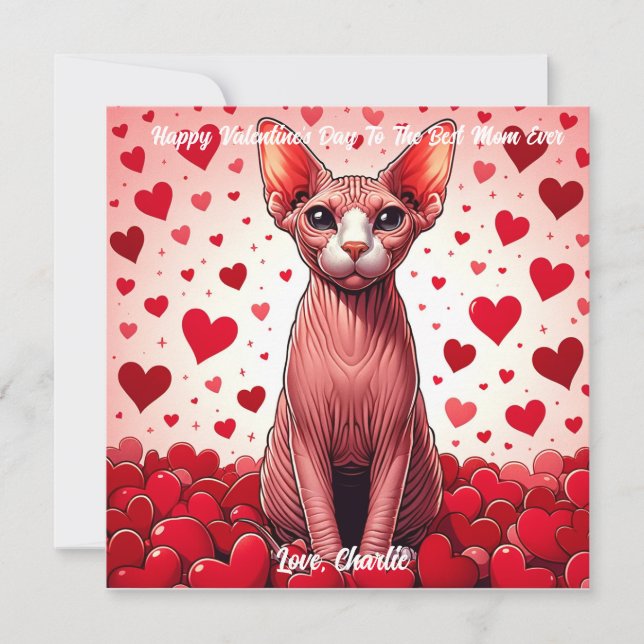 Tarjeta Festiva Día de San Valentín del Gato Sphynx Purr (Anverso)