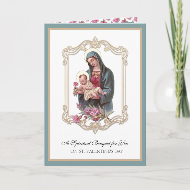 Tarjeta Festiva Día de San Valentín Espiritual Bouquet Virgen Marí (Anverso)