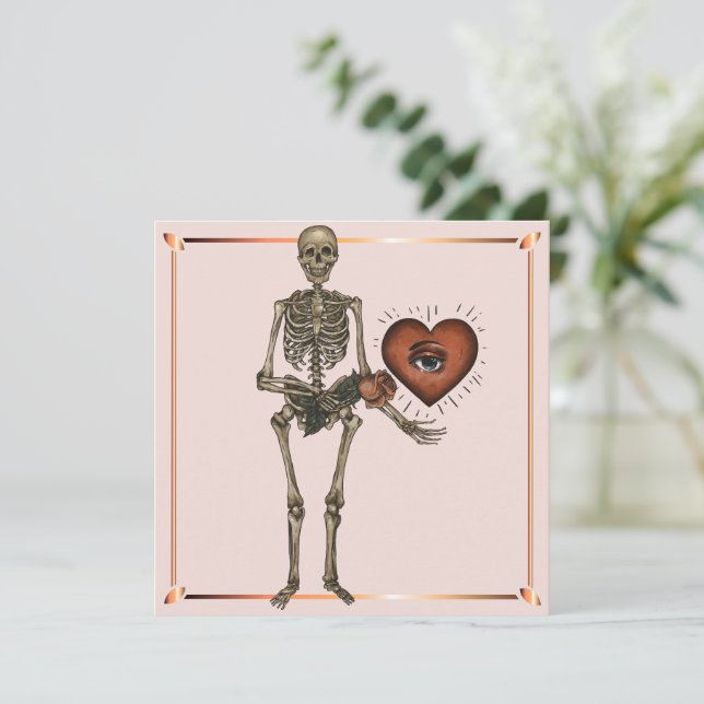 Tarjeta Festiva Día de San Valentín Esqueleto Corazón Chic (Anverso de pie)
