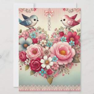 Tarjeta Festiva Día de San Valentín floral/ave/corazón vintage 