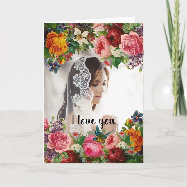 Tarjeta Festiva Día de San Valentín Floral Te Amo Foto Boda (Anverso)