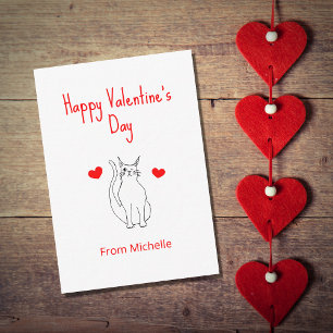 Tarjeta Festiva Día de San Valentín Gatito Sonriente Corazones Roj