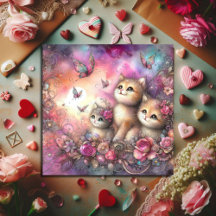Día de San Valentín Gatitos Rosa Purpura Acuarela