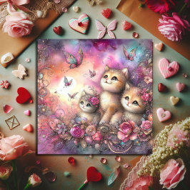 Tarjeta Festiva Día de San Valentín Gatitos Rosa Purpura Acuarela 