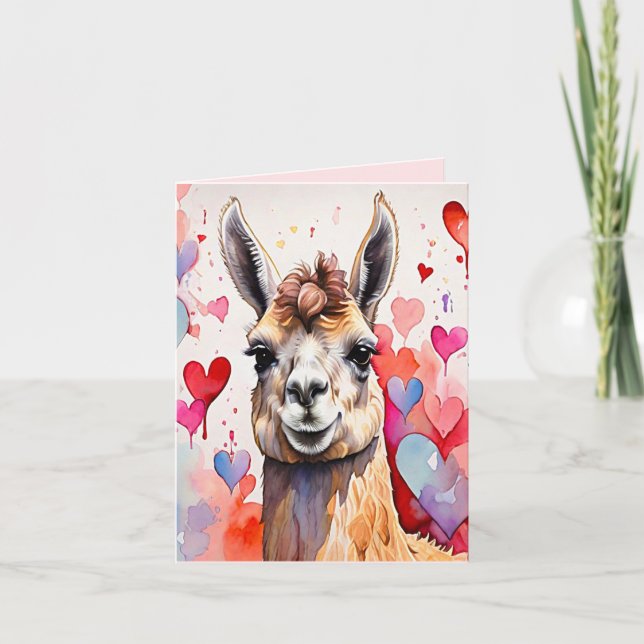 Tarjeta Festiva Día de San Valentín Llama Acuarela Corazones  Dos  (Anverso)