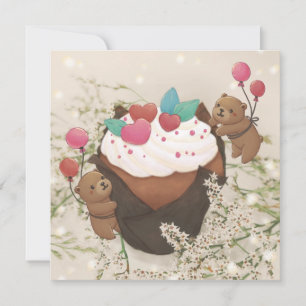 Tarjeta Festiva Día de San Valentín: magdalena y osos de peluche