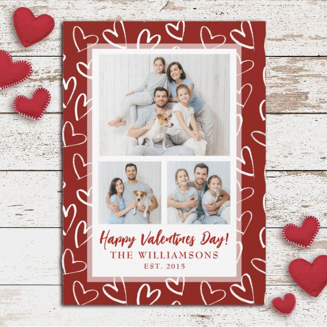Tarjeta Festiva Día de San Valentín moderno y elegante en vacacion (A modern 3 photo collage Valentine's Day card. Personalize it with your photos.)