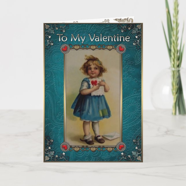 Tarjeta Festiva Día de San Valentín. Niña pequeña de azul con una  (Anverso)