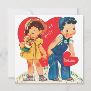 Tarjeta Festiva Día de San Valentín Retro, Corazones de Niño y Niñ